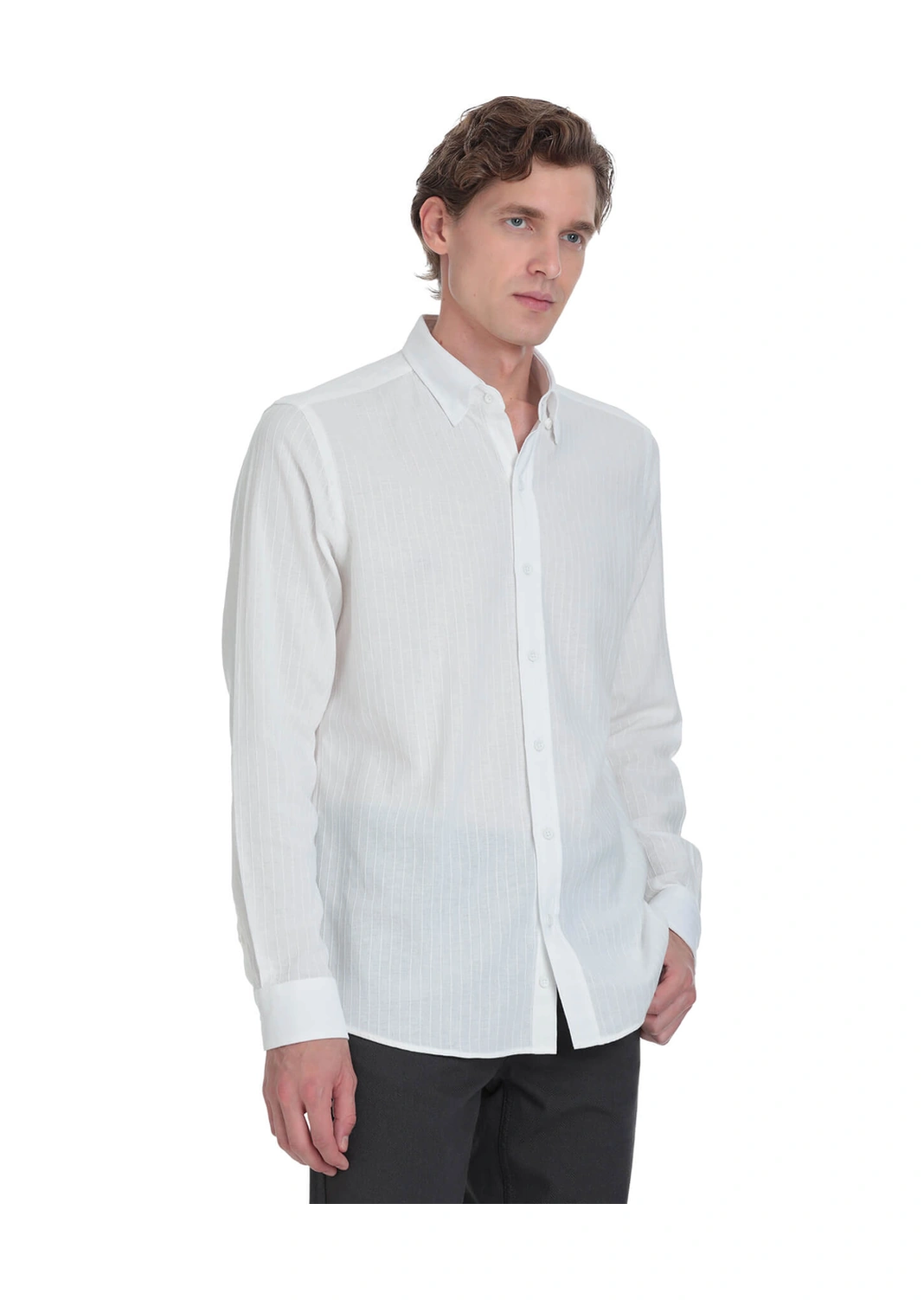 Hatemoğlu Beyaz Comfort Fit Çizgili Düğmeli Yaka 100% Pamuk Uzun Kollu Casual Gömlek 4111993