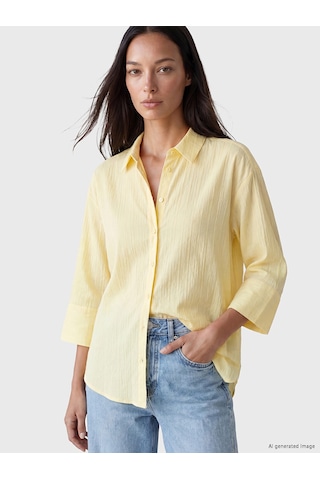 Lcw Everyday Sarı Çizgili Oversize Armürlü Kadın Gömlek