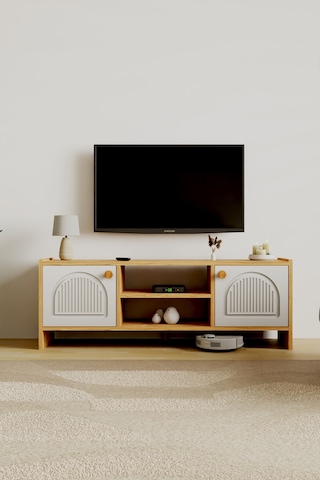 Molde Bohem Tv Sehpası Mdf Membran Kapaklı Raflı Tv Ünitesi Televizyon Sehpası Atlantik Çam - Beyaz