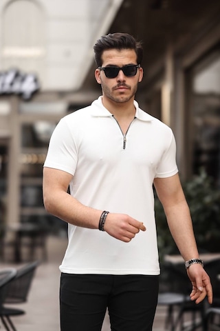 Eg38 Yarım Fermuar Polo Yaka Tşört Beyaz Eg38 Yarım Fermuar Polo Yaka Tşört Beyaz