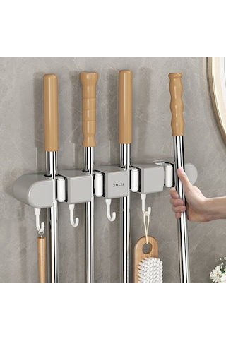 Geeroyoo Duvar Montlu Dört Klemeli Süpürge Tutucu - Deliksiz Yapıştırıcı Tasarım, Banyo/temizlik Gereçleri Organizerı Beyaz Diğer