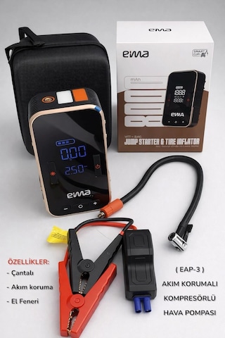 Eima 4 Ü 1 Arada Akü Takviye Cihazı Kompresörlü Hava Pompası Şarjlı El Fenerli Çantalı 8000 Mah