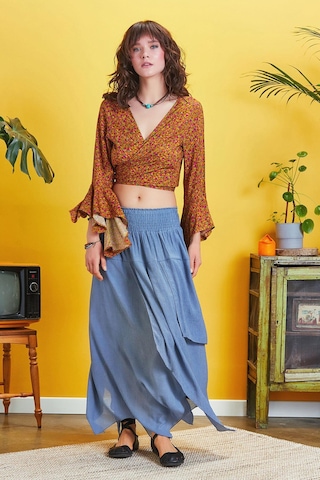 Bohem Tarz Katlı Salaş Beli Lastikli Uzun Etek İndigo