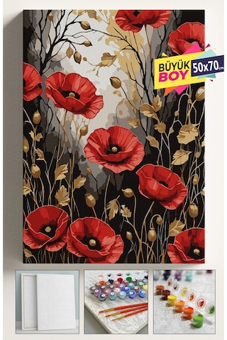 Sayılarla Boyama Seti Numaralı Tuval Fırça Boya Dahil Kasnaklı Set 50x70 Cm Altın Gelincik