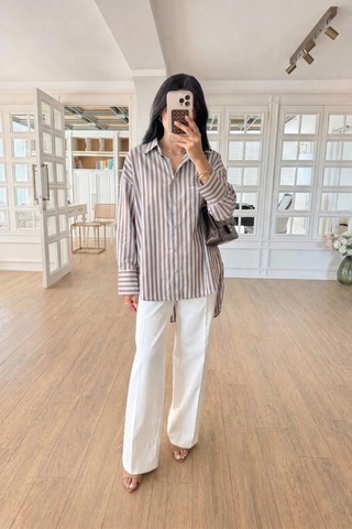 Lijuri Çizgili Oversize Basic Gömlek 3504 Mavi