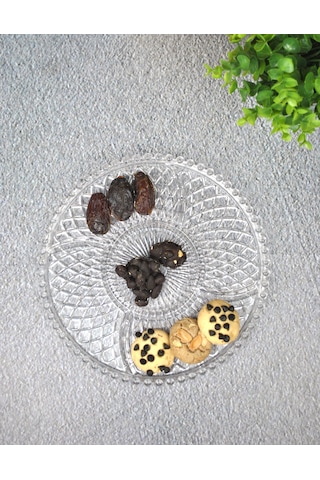5 Bölmeli Cam Çerezlik Kahvaltılık Boncuklu Sunumluk Tabağı-26 Cm