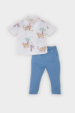 DeFacto Erkek Bebek 2'li Takım Desenli Flamlı Poplin Kısa Kollu Gömlek Beli Lastikli Jean Pantolon E7725A525SPER105 Ekru