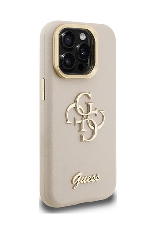 Apple iPhone 15 Pro Max Uyumlu Kılıf Guess Lisanslı Grained Yazı Logolu Kamera Standlı Kapak Bej