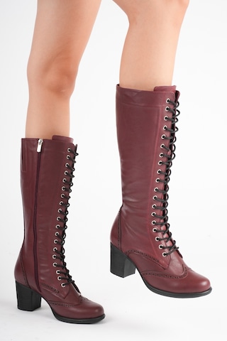 Analin Shoes Kadın Hakiki Deri Bağcıklı Topuklu Çizme Bordo