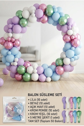 50 Parça Balon Seti Ve 5 Metre Balon Zinciri Çok Renkli