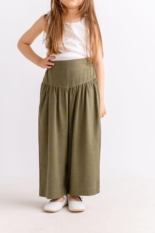 Oliventhekid Korsajlı Büzgülü Keten Kız Çocuk Pantolon Haki Haki