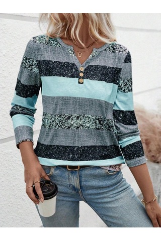 Tua Moda Kadın Uzun Kollu Yakadan Düğmeli Çizgili Desenli Süprem Bluz Mavi