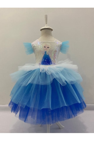 Kara Kedi Kostüm Evi- Baskılı Kısa Elsa Elbise Mavi