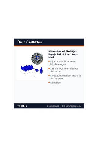 Trobus Sökme Aparatlı Sivri Bijon Kapağı Seti 20 Adet 19 Mm Mavi