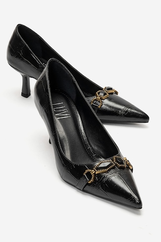 Luvi Shoes Olında Siyah Baskı Tokalı Kadın Topuklu Ayakkabı