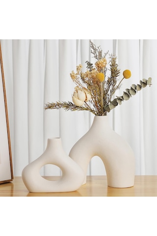 Modern Minimalist Bohem Dekor İçin 2'li Beyaz Seramik Vazo Seti, Pampa Çimi İçin Yuvarlak Mat Donut Vazolar - Oturma Odası, Yemek Masası, Ofis Yatak Odası Raf Dekoru Noel Günü Hediyeleri İçin Diğer