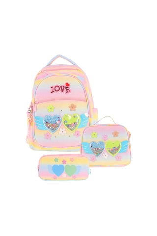 Kaukko Kids Kız Çocuk Simli Kalp Ve Çiçek Detaylı İlkokul 1.2.3.4. Sınıf Üçlü Okul Çanta Seti Sarı - Pembe