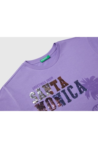 United Colors Of Benetton Benetton Kız Çocuk Önü Payet İşlemeli Baskılı T-shirt Mor