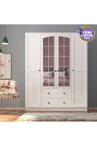 Side Rose 4 Kapak 2 Çekmece Aynalı Gardırop Beyaz