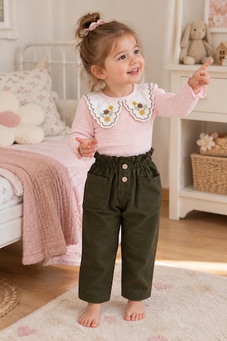 Babyhola 1-3 Yaş Kız Bebek Çocuk Çıtçıtlı Badi Pantolon Şık Alt Üst 2'li Takım Bayramlık 2327 Haki
