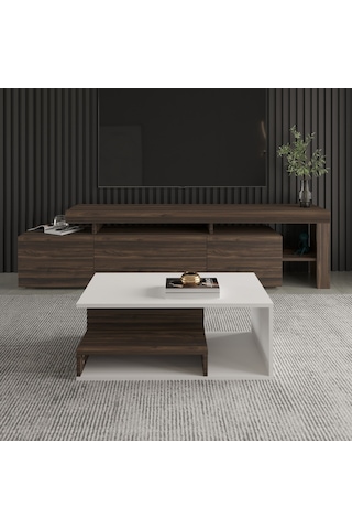 Vera Mini Orta Sehpa Modern Tasarım, Fonksiyonel Raflı Yap Beyaz/ceviz