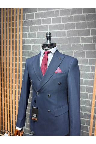 Dupont Classics Dupont Erkek Slim Fit 6 Drop Çizgili Kruvaze Viskon Çift Yırtmaç Takım Elbise Lacivert