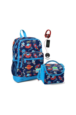 Coral High Okul Çantası Ve Beslenme Çantası Seti - Erkek Çocuk Mavi Lacivert Uzay - Usb Soketli