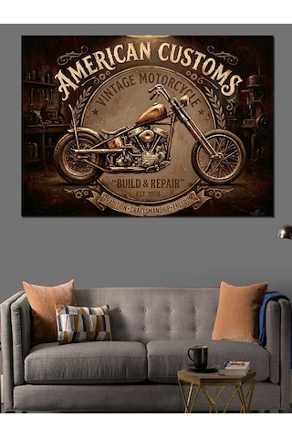 American Customs Motosiklet Vintage Tabela Dekoratif Kanvas - Mdf Ahşap Tablo