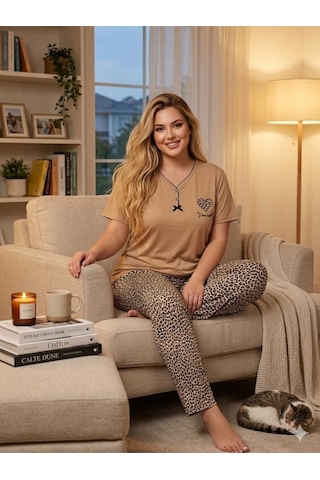 Büyük Beden Leopar Desen Kısa Kollu Likralı Penye Pijama Takımı Çok Renkli
