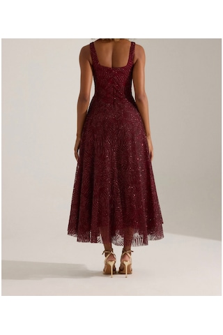 Uzer Abiye Işıltılı Sim Baskılı Jacquard Dokulu Kare Yaka Couture Premium Abiye Elbise,düğün Albisesi Bordo
