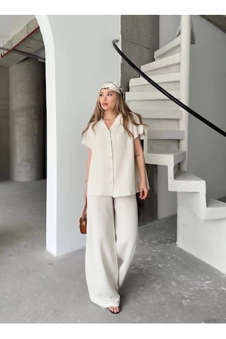 Keten Kısa Kollu Cepli Gömlek Pantolon İkili Takım - Beyaz Beyaz