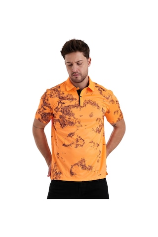 Gölge Desenli Spor Polo Yaka Erkek Kısa Kol Tişört Oranj