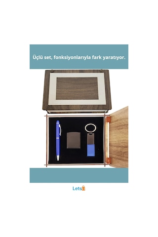 Ahşap Kutulu Lacivert Kalem Anahtarlık Çakmak Seti
