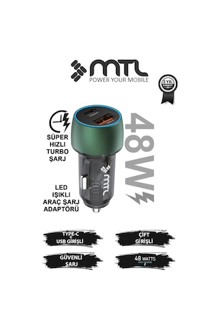 48w Hızlı Şarj Destekli Çift Portlu Type-c + Usb Akım Korumalı Led Işıklı Araç Şarj Cihazı Mt 1832