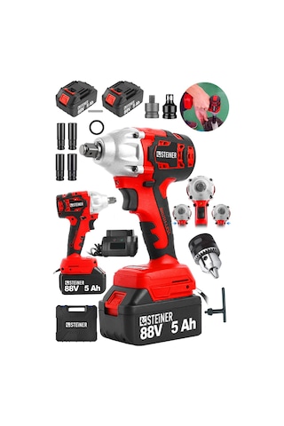 Steiner 88V 5Ah Çift Akülü Kömürsüz Çantalı Matkap Bijon Somun Sıkma Makinesi Kırmızı + Mandren