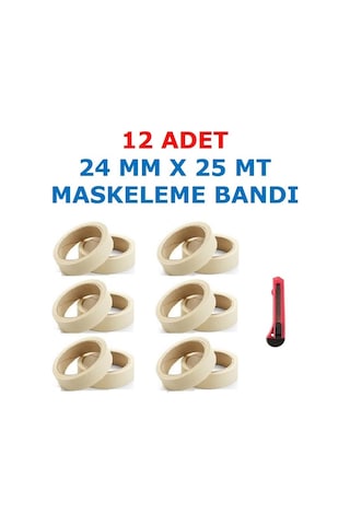 Hediyeli 12 Adet 24 Mm X 25 Mt Maskeleme Bandı Kağıt Bant