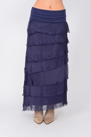 İtalyan 2 Beden Ince Gösteren Kat Kat Ipek Etek & Straplez Elbise Lacivert