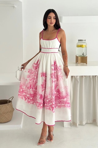 Asprin Fashion Desenli Keten Elbise Pembe Pembe