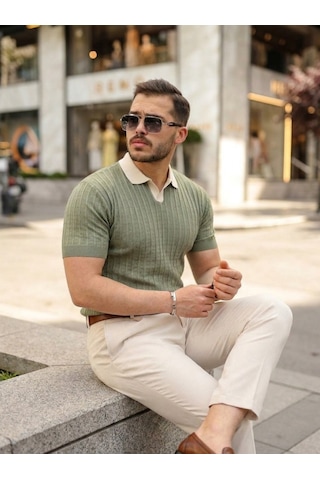 Efnaz Style Erkek Yaka Detaylı Desen Dokulu Triko Tişört Çağla Yeşili