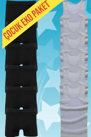 Uniquetrenders Erkek Çocuk İkili Set Pamuklu Penye 6 Atlet 6 Boxer Gri - Siyah