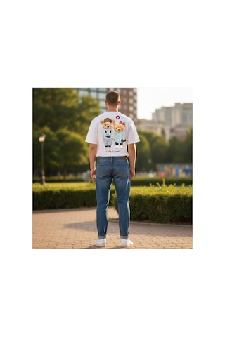 Urbantrendstore Unisex Çift Sevgili Eş Tatlı Bear Oversize Fit Rahat Geniş Salaş T-shirt Günlük Tişört Beyaz