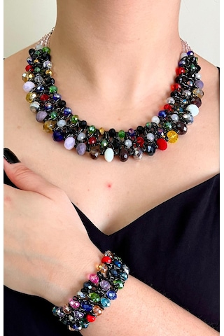 Karışık Renkli Kristal Taşlı Türk El Yapımı Gerdanlık Set Siyah - Kırmızı