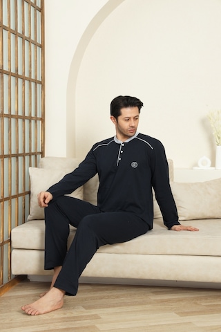 Enisena Erkek %100 Pamuklu Pijama Takımı-3 Düğmeli-12440 Koyu Lacivert