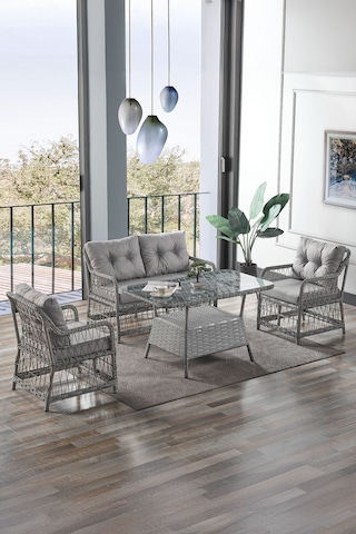 Breda Rattan Örgü Bahçe Balkon Takımı 2+1+1 Cam Masalı Gri Gri