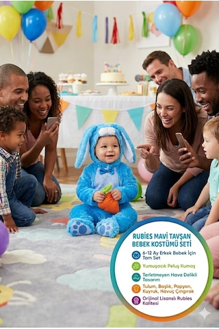 Toyfest Mavi Tavşan Bebek Kostümü 6-12 Ay Peluş Tulum Şapka Havuç Aksesuar Cadılar Bayramı Seti