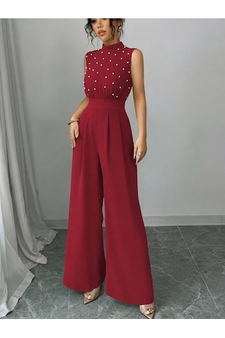 Veraura Lifestyle Kadın Balıkçı Yaka Kolsuz Incili Beli Kuşaklı Uzun Janjan Tulum Kırmızı