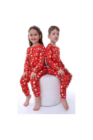 Bunny Hopp %100 Pamuk Interlok Kumaş Unisex Kız Ve Erkek Çocuk Yılbaşı Pijama Takımı Kırmızı Noel Temalı