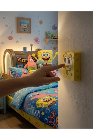 Sünger Bob Işık Anahtarı Kapağı Burnu Hareketli Işık Açma Kapama Aparatı Dekoratif Çocuk Odası Süngerbob 001