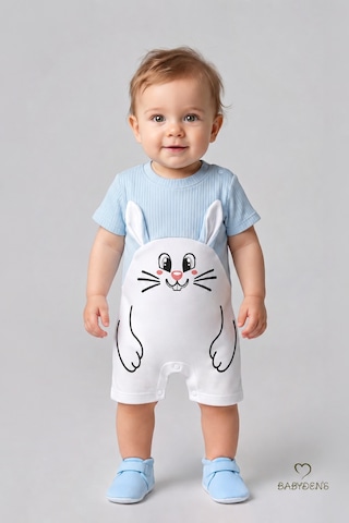 Babyden's Tavşan Baskılı Şortlu Erkek Bebek Tulum %100 Pamuk Yazlık Kısa Kollu Çıtçıtlı Yenidoğan Bebek Tulumu 0-9 Ay Bebe Mavisi