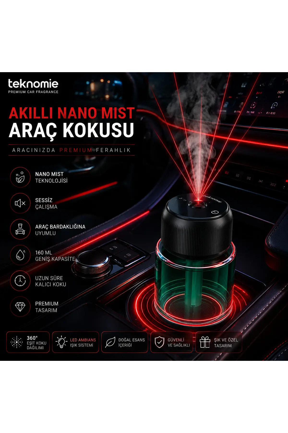Araç Kokusu Nano Mist Teknolojili Led Ambiyanslı Difüzör Araba Kokusu Woody Fragrance